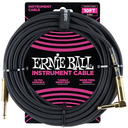 Ernie Ball Instrument Cable Black EB6081 - HiFi-Kabel mit zweifacher Abschirmung und geflochtenem Gewebemantel für optimalen Klang, gerade/gewinkelt, 3 m lang.