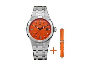 Maurice Lacroix Aikon Automatic 42mm AI6008-SS00F-530-E - Elegante Armbanduhr mit orangefarbenem Zifferblatt und silbernem Edelstahlarmband. Wasserdicht bis 20 ATM, ideal für den täglichen Einsatz und besondere Anlässe.