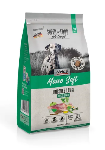 Mac's 1,5kg DOG Mono Soft Lamm - Getreidefreies Hundefutter - Perfektes Hundefutter für empfindliche Hunde: Soft Mono Lamm, ideal für Allergiker und ernährungssensible Tiere. Hoher Fleischanteil und frisches Gemüse sorgen für hohe Akzeptanz.