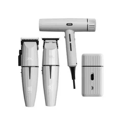 JRL Professional White Ghost Combo Kit -3- - Friseurbedarf: Hochwertiges Set mit Clipper, Trimmer, Shaver und Haartrockner in elegantem Design - ideal für Profis, die Leistung und Stil vereinen möchten.