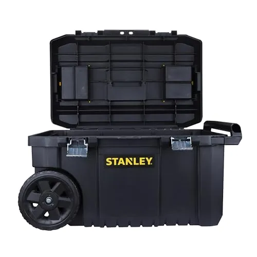 Stanley Essential Mobile Montagebox 50 L - Werkzeugkasten mit 50 L Volumen, stabilen Metallverschlüssen und robusten Rädern für einfachen Transport von bis zu 40 kg.