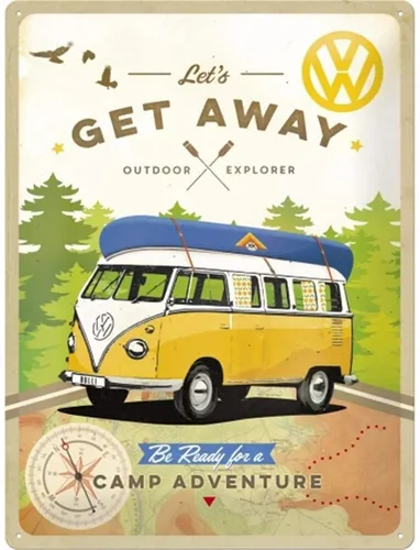 Nostalgic-Art VW Bulli Get Away - Retro Blechschild 30x40 cm - Vintage Metallschild im Hochformat mit 3D-Effekt und analoger Anzeige, perfekt für Gartenhäuschen oder Garage. Ein Must-Have für VW Bulli-Fans!