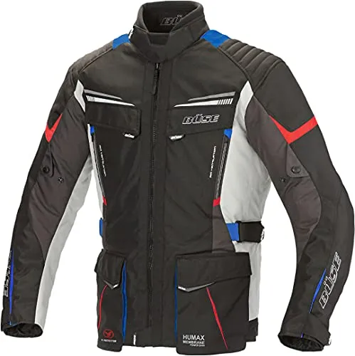Büse LAGO PRO Textiljacke grau/blau/rot 4XL - Motorradjacke mit HUMAX® Klimamembran, die wasser- und winddicht sowie atmungsaktiv ist. Entnehmbares Thermofutter und höhenverstellbare Protektoren bieten optimalen Komfort und Sicherheit.