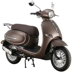 Motorroller ALPHA MOTORS "Cappucino" - Retro Style in Mattbraun - Motorroller, ideal für Stadtfahrten mit einer Höchstgeschwindigkeit von 85 km/h und einem kraftstoffeffizienten Verbrauch von nur 2,7 l/100 km. Genießen Sie den klassischen Retro-Look!