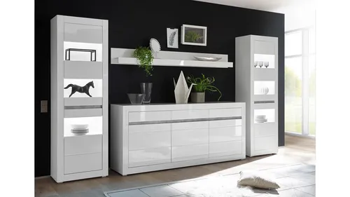 Wohnkombi Set Carat in Weiß Hochglanz – 4-teilig für Ihr Esszimmer - Elegante 4-teilige Wohnwand in modernem Design mit MDF-Hochglanzfront. Soft-Close-Funktion und großzügige Maße schaffen ein stilvolles Ambiente.