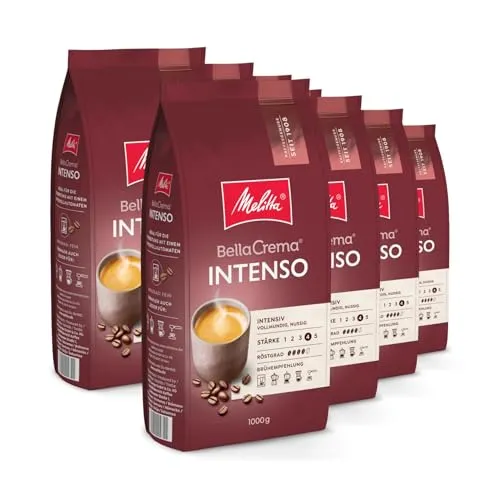 Melitta BellaCrema Intenso Ganze Kaffee-Bohnen 8 x 1kg, ungemahlen, Kaffeebohnen für Kaffee-Vollautomat, kräftige Röstung, geröstet in Deutschland, Stärke 4, im Tray