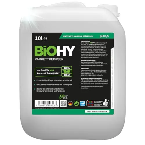 BiOHY Parkettreiniger (10 Liter Kanister) | Konzentrat für versiegeltes & geöltes Parkett | materialschonend & schmutzlösend | für eine streifenfreie Reinigung | 2 in 1 Pflege & Reinigungsmittel