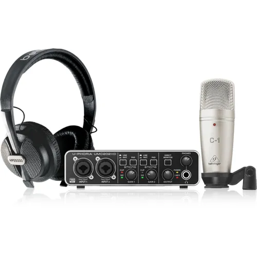 Behringer U-Phoria Studio Pro Bundle - Audio-Interface Bundle mit UMC202HD, C-1 Mikrofon und HPS5000 Kopfhörern, ideal für professionelle digitale Aufnahmen und vielseitige Anwendungen.