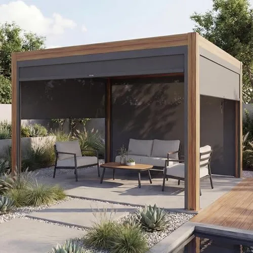 Pergola HWC-L46 mit Seitenwand und Lamellendach, 3x3m - Sturmfeste Pergola mit drehbaren Lamellen, ideal für Garten und Terrasse. Genießen Sie Schatten und Schutz dank individueller Rollos und stabiler Aluminium-Konstruktion.