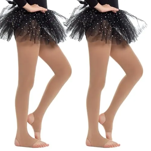 MANZI 2 Paar Mädchen Ballett Strumpfhosen 40 Denier Convertible Fuß Steigbügel Tanz Strumpfhosen für Mädchen Leistung Kandierte Haut M 7-10 Jahre