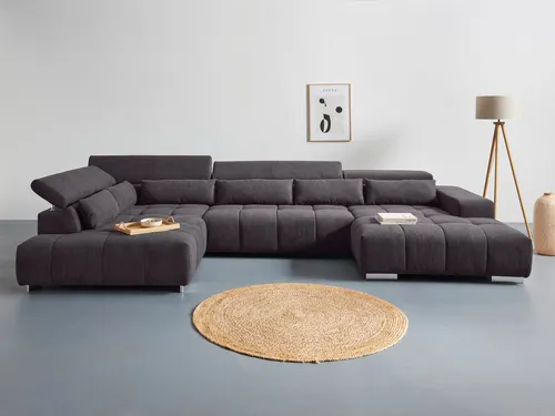 Wohnlandschaft COTTA "Orion U-Form", braun (mud) - Sofa in U-Form, 100% Polyester, inklusive Kopfteilverstellung und Nierenkissen für höchsten Komfort. Ideal für große Räume mit Platz für bis zu 6 Personen.