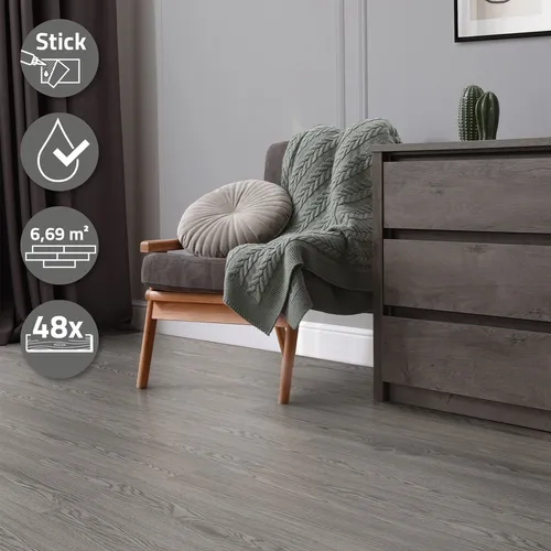 ML-Design Deluxe PVC Bodenbelag - Selbstklebende Vinyl-Dielen in Eiche Grau - PVC-Bodenbelag mit rutschfester, wasserfester Oberfläche, ideal für schnelle Renovierungen in jedem Raum. Einfach zu verlegen dank selbstklebender Dielen und langlebig für stark frequentierte Bereiche.