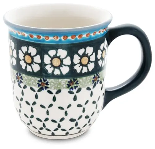 Bunzlauer keramik Kaffeebecher Teetasse 350 ml – Handbemaltes Design 'Kamille' in Blau und Grün, robust und traditionell aus Schlesien (Grün)