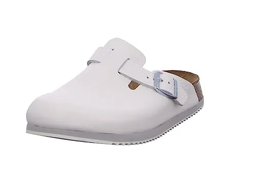BIRKENSTOCK Boston - Bio-Sandalen, Weiß, 41 Normal - Hausschuhe mit anatomisch geformtem Kork-Latex-Fußbett, rutschhemmender Gummilaufsohle und individueller Dornschnalle für perfekten Halt und Komfort.