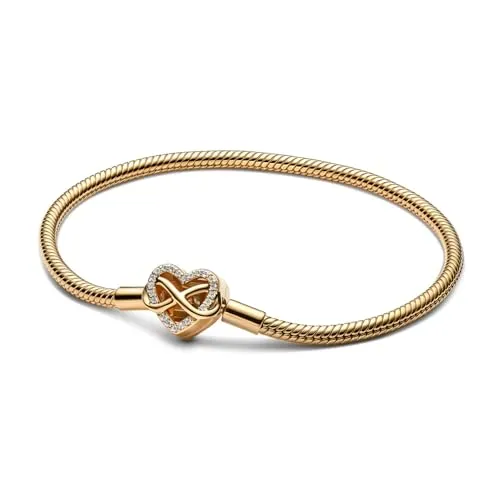 PANDORA Moments Schlangen-Gliederarmband mit Unendlichkeits-Herzverschluss - Elegantes Damenarmband aus 14K vergoldetem Sterling-Silber, mit funkelndem Unendlichkeits-Herzverschluss und Platz für bis zu 18 Charms – perfekt für deine Familienerinnerungen.