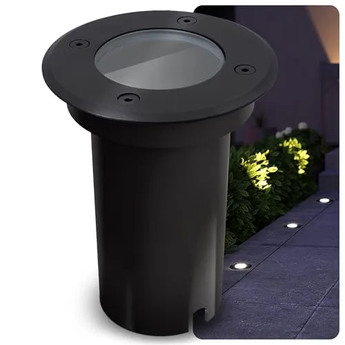SSC-LUXon Bodeneinbaustrahler KALPA schwarz IP67 – Robuste Außenbeleuchtung für Wege & Terrassen - Eleganter LED-Bodeneinbaustrahler mit 230V-Anschluss, IP67 Schutzklasse und rostfreier Edelstahl-Frontplatte. Ideal für stilvolle Beleuchtung im Garten und auf Terrassen.