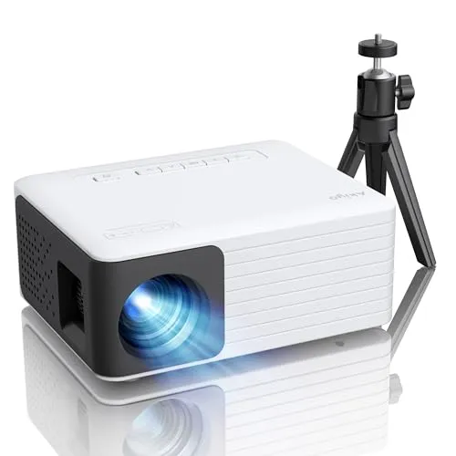 Mini Beamer, AKIYO O1 Beamer Klein Full HD 1080P Unterstützt mit 50% Zoom, 10000L Tragbarer Outdoor Projektor für iOS, Android, Beamer Heimkino Kompatibel mit Smartphone/HDMI/USB/TV Stick (mit Stativ)