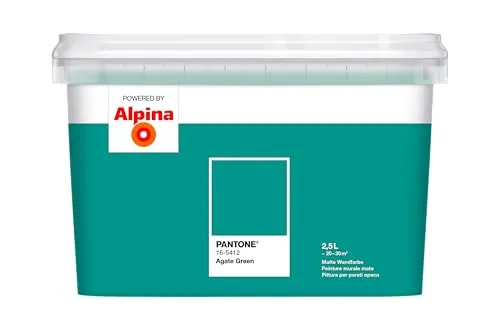 Alpina Wandfarbe Pantone 16-5412 Agate Green 2,5l - Farben: Mattgrüne Wandfarbe in Agate Green, ideal für Beton und Gipskarton, sorgt für eine stilvolle und entspannende Atmosphäre in jedem Raum.