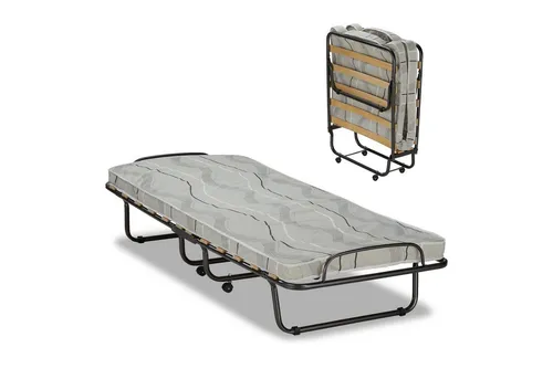 KHG Klappbares Gästebett mit Matratze auf Rollen – Stabil und Praktisch - Das KHG Gästebett 90 x 200 cm ist ideal für Übernachtungsgäste. Mit einer 6 cm dicken Matratze und stabiler Metallkonstruktion bis 90 kg belastbar. Klappbar und mit Rollen für einfachen Transport, perfekt für kleine Räume und flexibles Schlafen.