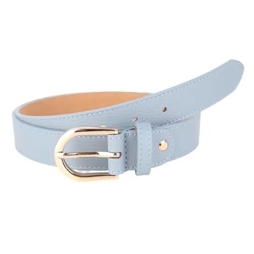 MIRROSI Ledergürtel für Damen und Herren, Made in Italy, Babyblau mit goldener Schnalle, 85cm - Hochwertiger Ledergürtel aus echtem Leder, ideal für vielseitige Outfits. Zeitloses Design und robuste Metallschnalle sorgen für Komfort und Langlebigkeit. Perfekt für Hosen, Kleider und Röcke.