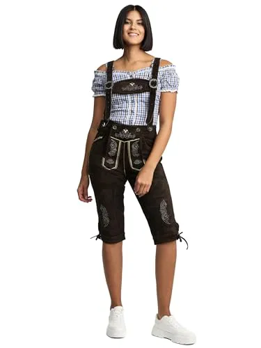 STEIGENHÖFER Damen Kniebund Trachtenlederhose aus Veloursleder - Traditionelle Trachtenlederhose aus echtem Wildleder, verstellbare Träger und praktische Taschen für optimalen Stauraum, ideal für Oktoberfest und festliche Anlässe.