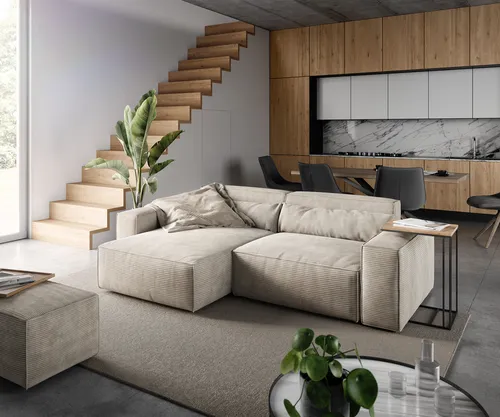 DELIFE Ecksofa Sirpio 230x155 cm Cord Beige mit variabler Recamiere - Elegantes Ecksofa Sirpio mit hochwertigem Cordbezug in Beige. Die variable Recamiere und der praktische Hocker bieten Flexibilität und zusätzlichen Komfort für Ihr Wohnzimmer.