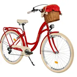 MILORD Damenfahrrad Citybike Komfort mit Weidenkorb – Vintage Hollandrad, 28 Zoll, 7-Gang (Rot) - Hochwertiges 28 Zoll Citybike mit robustem Stahlrahmen, ideal für Pendler und Stadtfahrten. 90 % vormontiert, inklusive Werkzeug. Komfort und Sicherheit vereint – perfekt für alltägliche Abenteuer.