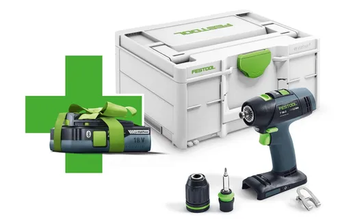 Festool Aktionsset Akku-Bohrschrauber T18+3-Basic mit gratis Akku - Akkuschrauber Set mit leichtem, kompaktem Design und bürstenlosem Motor, ideal für präzises Arbeiten. Inklusive 4 Ah Lithium-Ionen Akku und praktischem Koffer.