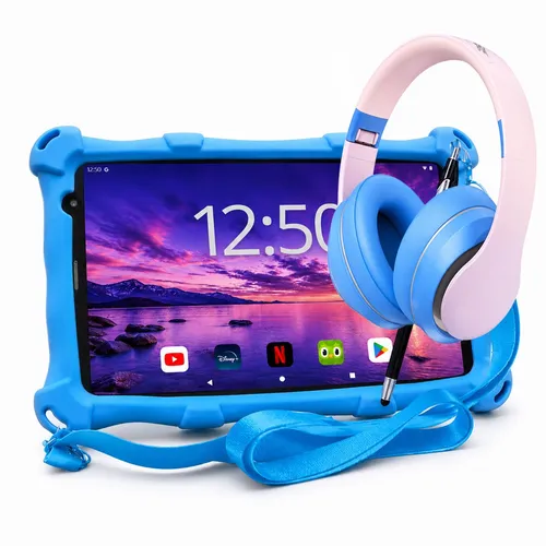 AngelTech Kinderpaket PRO MAX - Kindertablet + Kinderkopfhörer - Tablets: Leistungsstarkes 8-Zoll-Tablet mit Octa-Core-Prozessor und kindgerechten Kopfhörern mit Lautstärkebegrenzung für sicheres Lernen und Spielen.