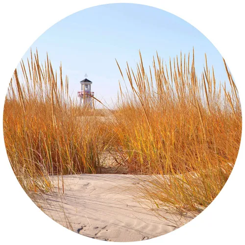 K&L Wall Art Fototapete Fototapete Leuchtturm Strand Schilf Vliestapete Rund Wohnzimmertapete, Strandfeld Tapete blau 1.88 m x 1.88 m
