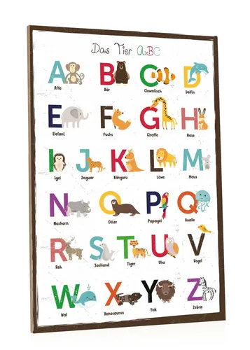 GRAVURZEILE Holzbild mit Spruch - Das Tier ABC - Buchstaben lernen im Kinderzimmer -, zur Einschulung - Geschenk
