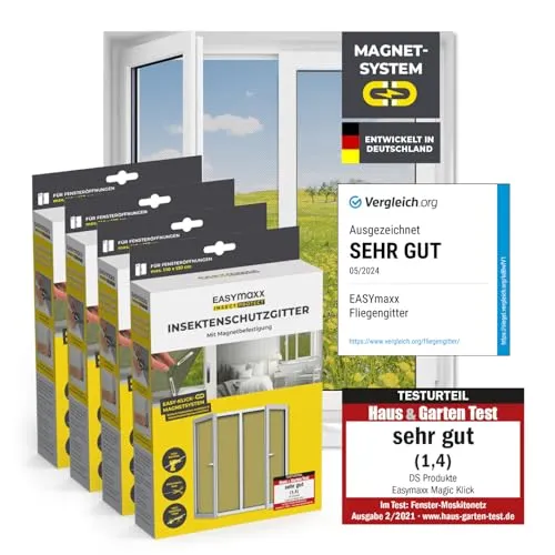 EASYmaxx Insektenschutz-Fensterrahmen 110 x 130 cm - Fliegengitter mit Magnetbefestigung, einfach ohne Bohren anbringbar und schützt effektiv vor Mücken, Fliegen und Wespen – für ungestörte Sommernächte!