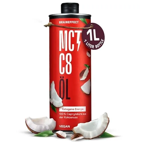 BRAINEFFECT MCT-Öl C8 – Reiner Extrakt aus Kokosöl, Bildet 3x mehr Ketone als andere MCT-Öle, Ideal für Low-Carb-, Paleo- und ketogene Ernährung & Bulletproof Coffee – 1 Liter