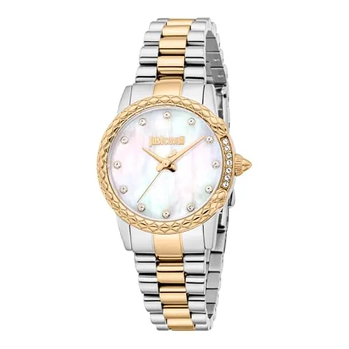 Just Cavalli JC1L310M0095 - Damen Uhr in Antik Weiß - Armbanduhren mit 3-Zeiger-Quarzwerk, stilvolles Design in Gold und wasserdicht bis 50 m - perfekt für modebewusste Frauen.