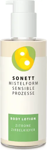 Sonett Mistelform Bodylotion Zitrone Zirbelkiefer 145 ml - Körperlotion aus 100% biozertifizierten Rohstoffen, aktiviert mit Mistelextrakt für ein harmonisches Hautgefühl und frischen Duft von Bio-Zitrone und Zirbelkiefer.