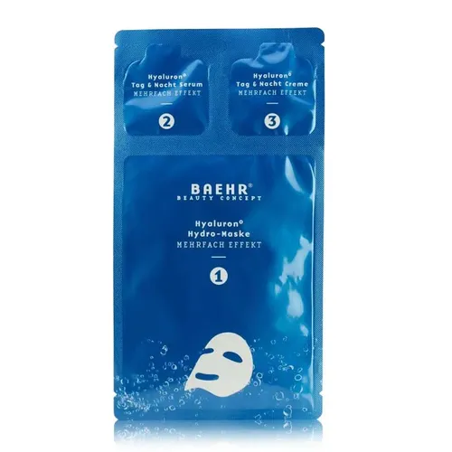 BAEHR Hyaluron+ Hydro-Maske 5 Stück - Augenpflege mit 3-fach Feuchtigkeitsbooster für strahlende Haut. Die Kombination aus Maske, Serum und Creme sorgt für bis zu 24h Feuchtigkeit und einen sichtbaren Lifting-Effekt.