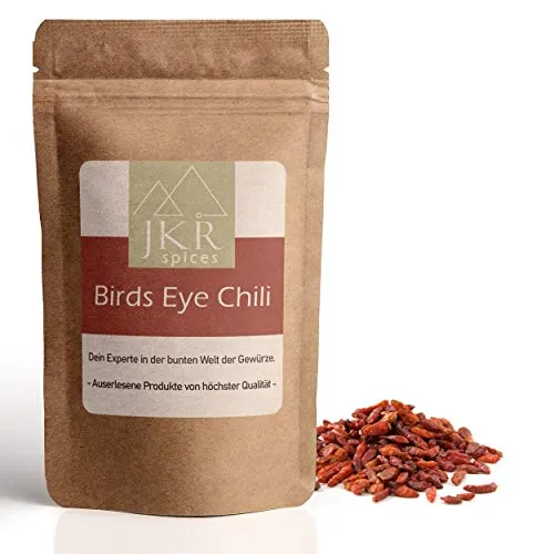 JKR Spices Birdseye Schoten ganz 250g, sehr scharf 100.000 Scoville, ganze Chilis für Curry Chili con Carne Saucen Marinaden, zum Würzen Kochen BBQ Grill, im Aromabeutel