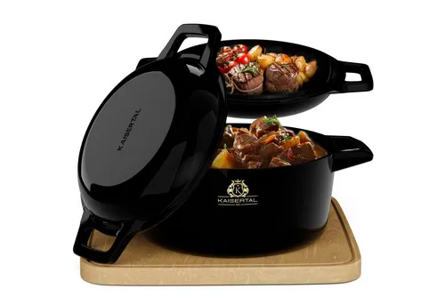 KAISERTAL Gusseisen Topf 26cm – Emaillierter Schmortopf mit Deckel - Pfannen – 4,8L Gusseisen Bräter mit gleichmäßiger Hitzeverteilung für saftiges Fleisch und innovative Dampfbewirtschaftung für perfektes Garen.
