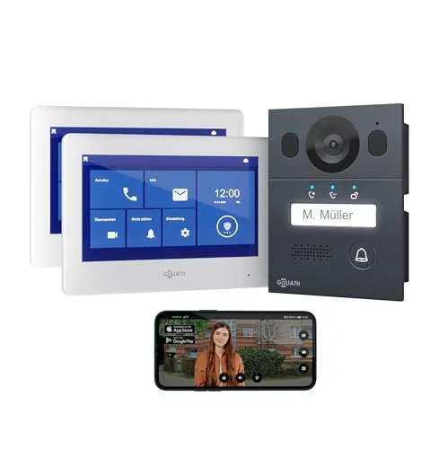 GOLIATH Basic Video Türsprechanlage mit 2 Monitoren - Haus-Alarmanlagen: Einfache Installation und intuitive Bedienung mit 7 Zoll HD Touchscreen. Infrarot Nachtsicht und wetterfestes Design für optimale Sicherheit rund um die Uhr.