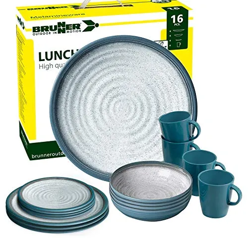 BRUNNER Melamin-Geschirrset für 4 Personen (16-teilig) TUSCANY LUNCH BOX - Hochwertiges Melamin-Geschirrset mit Antirutsch-Funktion. Ideal für Camping, Picknick oder Grillen. Kratz- und schlagfest, spülmaschinenfest und mit ansprechendem Vintage-Design.