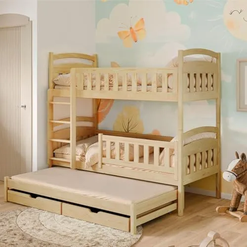 Hochbett 90x200 mit Ausziehbett und Schubladen - Massives Kinderbett aus FSC Kiefernholz mit Rausfallschutz, umbaubar in drei Einzelbetten und ideal für kleine Räume – perfekt für Übernachtungsbesuche!