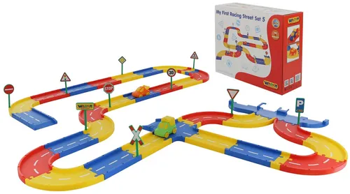 WADER QUALITY TOYS Spielzeug-Auto Spielstraße 5 m Ergänzung 2 Autos Verkehrsschilder