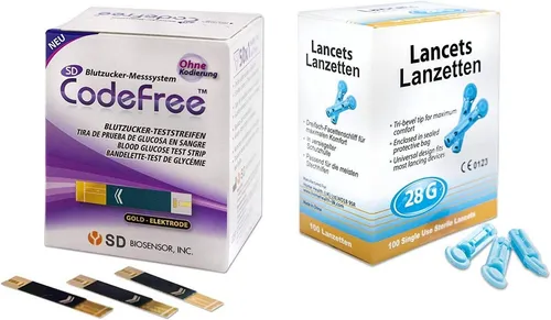CodeFree Blutzucker-Teststreifen 50 Stk. + Blutlanzetten 50 Stk. - Vorteilspack - Blutzuckermessgeräte: Praktisches Sparpack für die einfache und präzise Blutzuckermessung zu Hause.