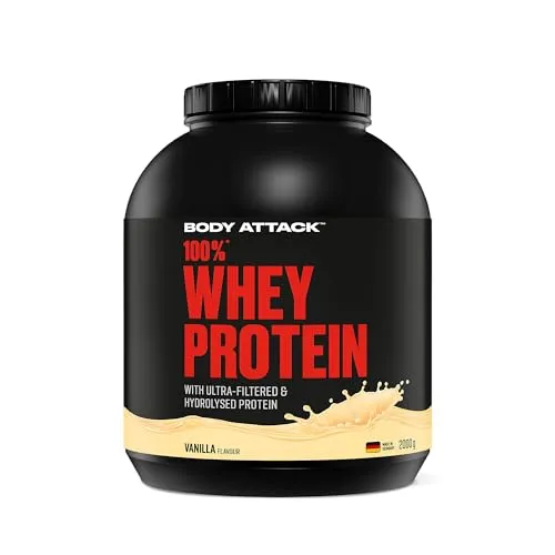 Body Attack 100% Whey Protein Vanilla, 2 kg - Hochwertiges Proteinpulver für Sportler - Köstliches Whey Protein mit Hydrolysat und BCAA's, ideal zur Unterstützung deines Muskelaufbaus. Genießen Sie cremige Shakes ohne Aspartam oder Gluten, perfekt für dein Workout!