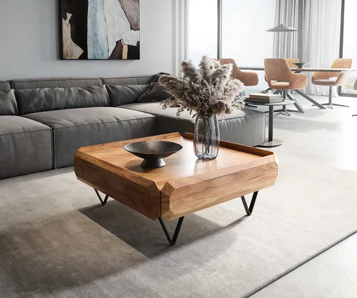 DELIFE Couchtisch Kiano 90x90 cm aus Akazie - Moderner Wohnzimmertisch mit zwei grifflosen Schubladen und einzigartigem Facetten-Design. Ideal für stilvolle Ordnung und natürliche Eleganz in deinem Wohnzimmer.