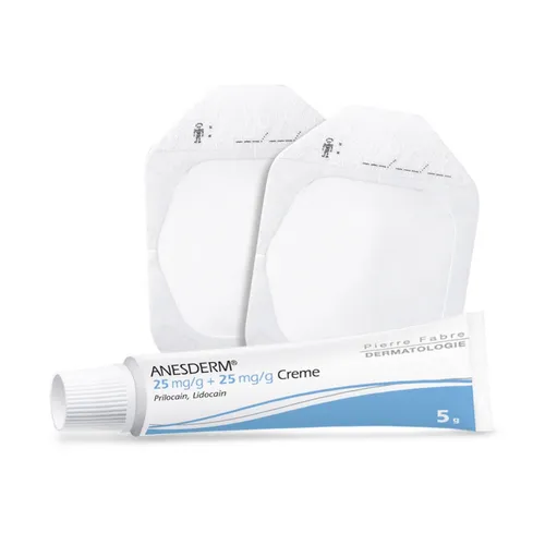 Anesderm 25mg/G + 25mg/G Creme + 2 Pflaster 5 G - Arzneimittel zur lokalen Betäubung mit Lidocain und Prilocain, ideal für schmerzarme medizinische Eingriffe wie Nadeleinstich oder Hautoperationen.