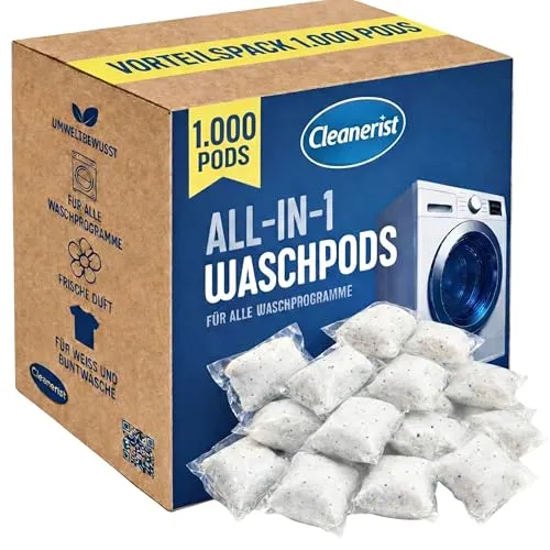 Cleanerist | All-in-1 Waschmittel Pods Caps – 1.000 Universal-Tabs (20kg) Pulver gefüllt, schnell löslich, für Weiß- Bunt- Kochwäsche – Frischer Duft – Made in Germany