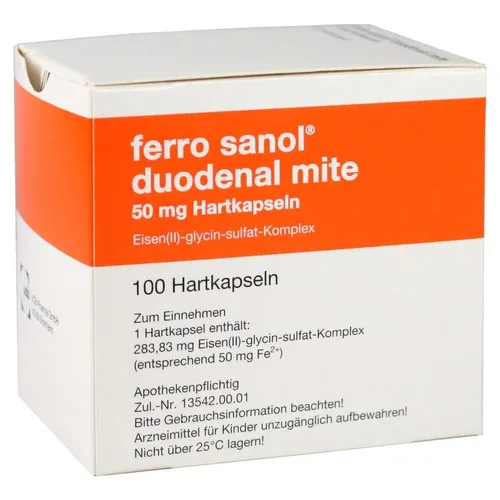 Ferro Sanol Duodenal Mite 50mg - Eisenpräparat - Arzneimittel zur Behandlung von Eisenmangel und Eisenmangelanämie. Ideal für Schwangere und Stillende, unterstützt die Eisenaufnahme durch magensaftresistente Kapseln.