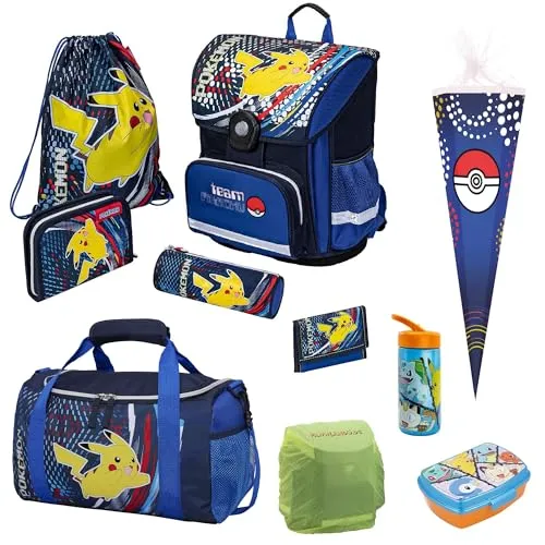 Familando Pokémon Schulranzen für die 1. bis 4. Klasse · Ergonomisch, Kompakt, Leicht · Pokemon Schultasche mit Pikachu Motiv · Einschulungs-Set mit viel Zubehör (10-teiliges Set, Blau)