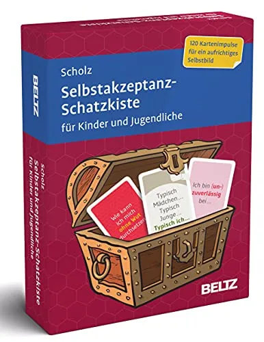 Selbstakzeptanz-Schatzkiste für Kinder und Jugendliche - Therapiekarten zur Förderung von Selbstakzeptanz, inkl. 120 Karten und 20-seitigem Booklet in stabiler Box – ideal für die persönliche Entwicklung.